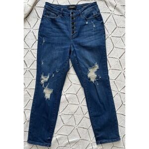 Judy Blue High Rise Button Fly Distressed Boyfriend Jeans‎ Stretch Denim Size 7